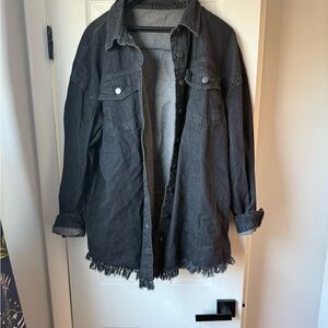 Black Denim Jacket with Frayed Hem